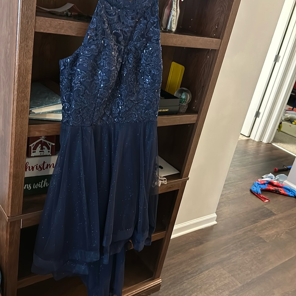 Navy sequined and glitter high low formal dress